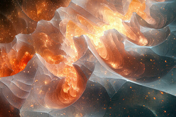 abstract cosmic landscape with swirling nebulae and glowing orange formations, resembling a celestia