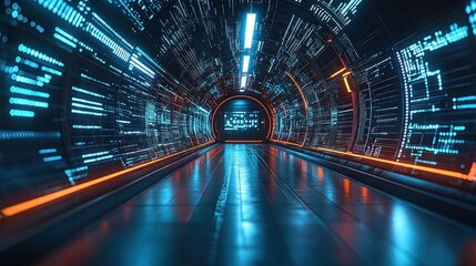 Fototapete - Futuristic tunnel with glowing digital data streams and illuminated walls.