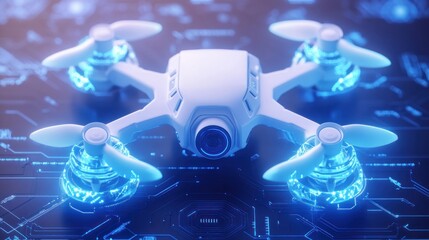Poster - Futuristic white drone with glowing propellers on a circuit board background.