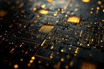 Poster - Abstract close-up of a futuristic circuit board with glowing components, showcasing intricate technological details.