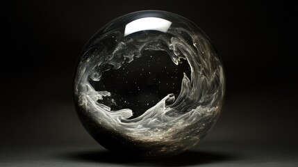 Poster - Glass sphere with swirling white ink inside on dark background.