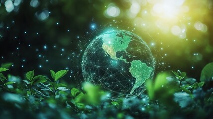 Leinwandbilder - Global network connection, earth surrounded by lush green leaves, representing environmental sustainability and technology.