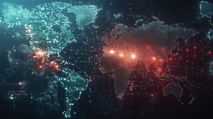 Aufkleber - Global network connection map with glowing nodes representing data transfer and communication across continents.