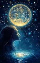 Wall Mural - an ancient oracle gazing into a mystical pool, her vision reflecting cosmic truths