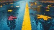 © Paul - Wet pavement with bright yellow road lines, dotted by vibrant autumn leaves, reflection of soft cloudy sky, calm fall atmosphere