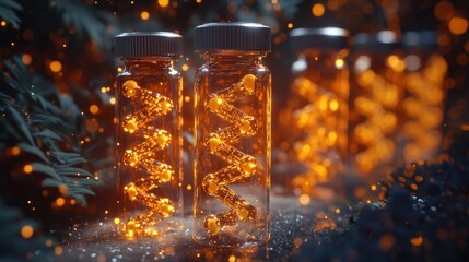 Aufkleber - Glowing DNA strands inside glass vials, nestled in a dark, mystical forest setting.