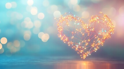 Fototapete - Glowing heart shape formed by connected lines and lights on a bokeh background.