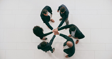 Aufkleber - Above, teamwork and business people with hands together for team building, motivation and support. Group collaboration, huddle and circle for success, winning and employees in celebration or planning