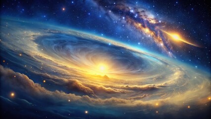 Wall Mural - A Celestial Tapestry  Whirlwind of Clouds and Cosmic Dust Enveloping a Radiant Sunrise on an Extraterrestrial Planet