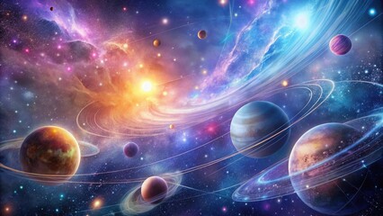 Wall Mural - A Celestial Tapestry Vibrant Planets Orbiting a Radiant Star in a Swirling Nebula, a Cosmic Ballet of Light and Color