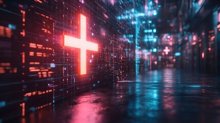 Poster - Glowing neon cross symbol on digital wall in futuristic alley.