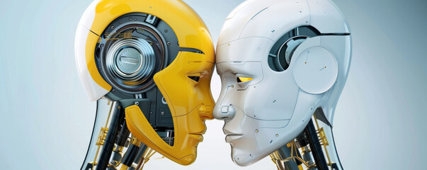 Aufkleber - Two futuristic robots with yellow and white faces are touching foreheads, showcasing advanced technology and human like features. intricate design highlights mechanical details and innovation