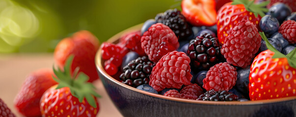 Aufkleber - bowl filled with fresh strawberries, raspberries, blackberries, and blueberries is displayed, showcasing vibrant colors and textures. background is softly blurred, highlighting berries