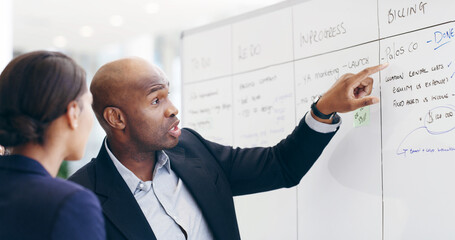 Aufkleber - Whiteboard, planning or business people in meeting with task, schedule or project management. Pointing, list or team with timeline for brainstorming for progress, development or company resources