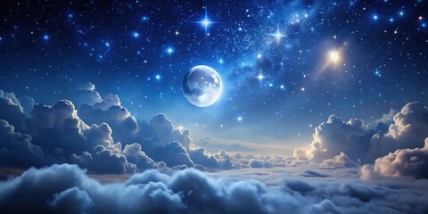 Wall Mural - Serene Night Sky A Celestial Panorama of Moon, Stars, and Dreamlike Clouds