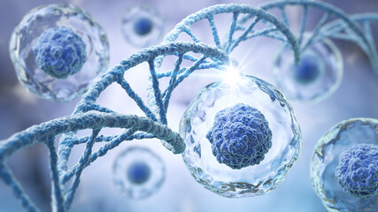 Wall Mural - human cell or embryonic stem cell with dna structure, 3d illustration.