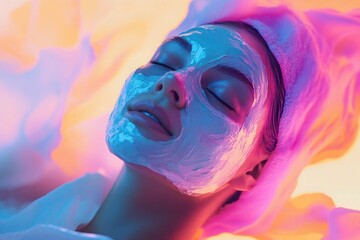 Wall Mural - a person practicing self-care with a face mask and relaxing music, surrounded by soothing colors.