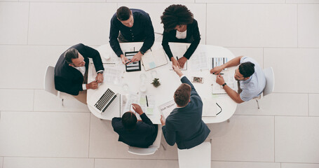 Aufkleber - Above, meeting and handshake with business people in office for budget proposal, schedule and agreement. Project management, documents and technology with teamwork for paperwork, strategy or campaign
