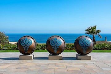 Wall Mural - Sculptures by the ocean with blue sky backdrop calming rhythms meditation beats concept