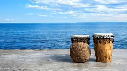 Wall Mural - drums by the serene ocean shore calming rhythms meditation beats concept