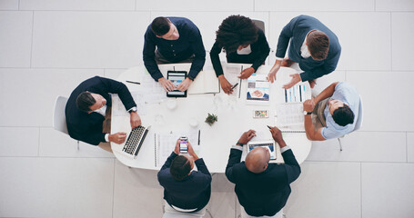 Aufkleber - Above, meeting and teamwork with business people in office for budget planning, schedule and proposal. Project management, documents and technology with employees for paperwork, strategy and campaign