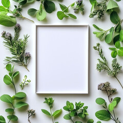 Poster - blank frame surrounded by fresh green leaves and herbs, perfect for showcasing nature beauty