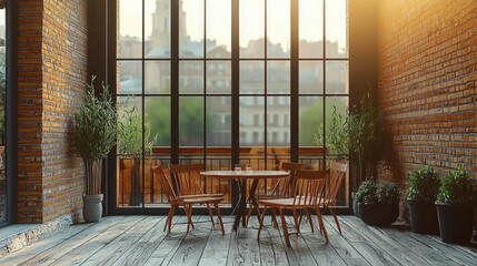 Poster - cozy interior featuring wooden table and chairs, with large windows showcasing city view. warm light creates welcoming atmosphere