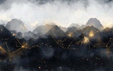 Wall Mural - Abstract Watercolor Mountain Range with Golden Constellations and Starry Night Sky Background