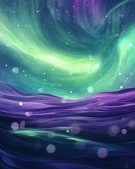 Wall Mural - Surreal Abstract Landscape with Aurora Borealis and Purple Waves, Digital Art.