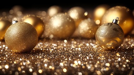 Wall Mural - Golden holiday ornaments with glitter creating a festive and bright backdrop