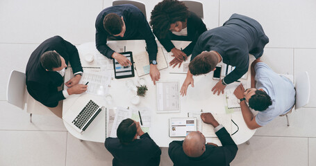 Aufkleber - Above, meeting and discussion with business people in office for budget planning, schedule and proposal. Project management, documents and technology with teamwork for paperwork, strategy or campaign
