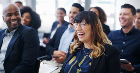 Aufkleber - Business, seminar and woman with laughing in audience for financial training, ice breaker and funny presentation. Conference room, people or happy for employee engagement, feedback joke or work event