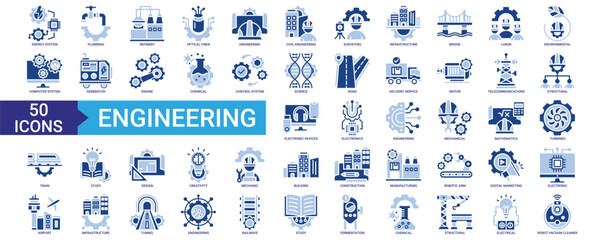 Engineering icon collection set. Containing energy system, civil, infrastructure, labor, environmental, structural, electronics, mechanical, design and construction icon. Simple flat vector.
	