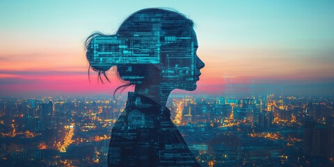Woman profile merged with futuristic cityscape and digital code