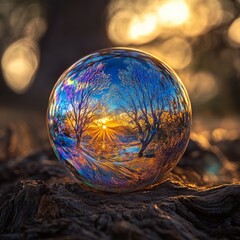 Poster - Golden Hour Captured: Sunlit Landscape Reflected in a Crystal Sphere, Resting on Weathered Wood