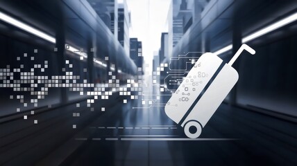 Baggage icon with binary code stream – Suitable for smart travel solutions, business mobility, or technology-driven transportation content.