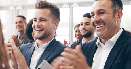 Poster - Audience, applause and business people in conference for presentation, workshop event and seminar in office. Corporate, company and workers clapping hands for success, meeting and collaboration