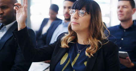 Aufkleber - Event, question and seminar with business woman at conference for speech, convention and workshop. Presentation, crowd and learning with person and raised hand for corporate, meeting and audience
