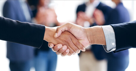 Poster - Closeup, business people and handshake in office, partnership and cooperation for b2b deal. Employees, company merger and coworking with collaboration, shaking hands and thank you with agreement