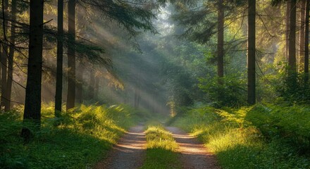 Wall Mural - sunlight streaming through trees onto forest path, creating serene atmosphere