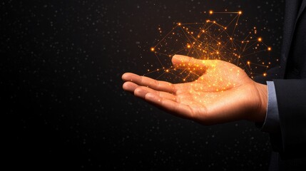 Leinwandbilder - Conceptual Hand with Glowing Particles and Connections Against Dark Background