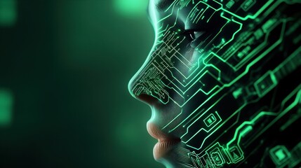 Aufkleber - Futuristic Portrait of a Woman with Digital Circuit Patterns and Neon Glow Effects