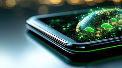 Leinwandbilder - Green Digital Globe on Smartphone with Cloud Symbols and Abstract Light Background