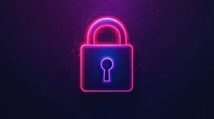 Poster - Neon Lock Icon on Dark Background for Cybersecurity and Digital Protection Themes