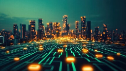 Poster - Futuristic Cityscape with Digital Pathways and Illuminated Skyline at Dusk