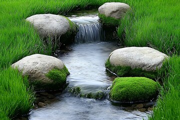 Wall Mural - A serene stream flows over smooth stones, surrounded by lush green grass, creating a tranquil natural scene. calming rhythms tranquility mindfulness concept