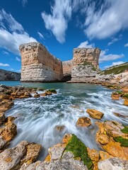 Wall Mural - rocky coastal landscape with towering cliffs and gently crashing waves under a bright blue sky with 