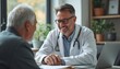 © natakot - A friendly male doctor in a white coat smiles warmly at an elderly male patient during a consultation in a bright, modern office. The scene radiates trust and care, highlighting the importance of
