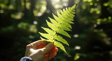 Wall Mural - hand holding green fern in sunlit forest