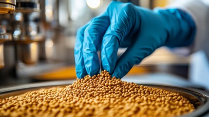 Wall Mural - a laboratory assistant in blue gloves carefully handles a mound of golden samples in a modern labora